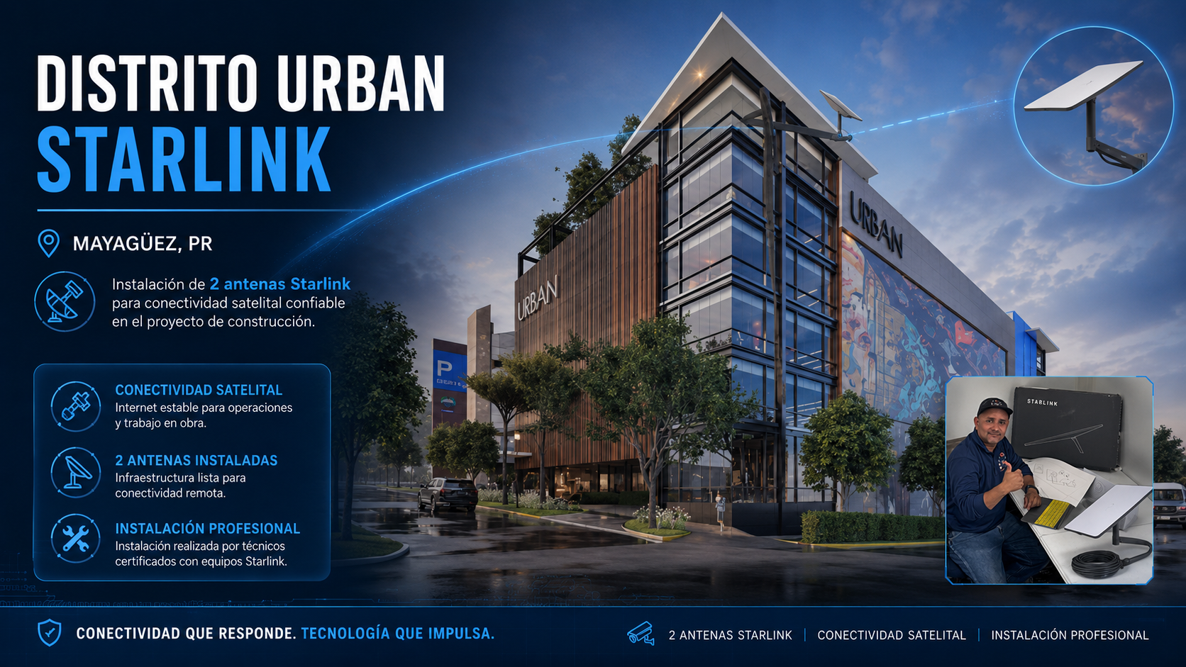 Mayagüez Square · Conectividad Starlink en Obra